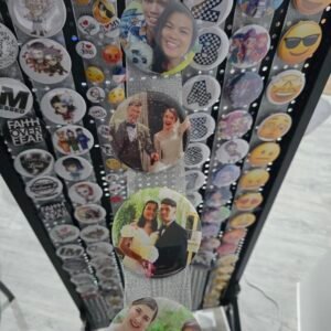 Wall of custom photo, logo, and emoji button pins