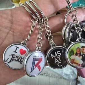 Personalized photo and logo keychains held in hand