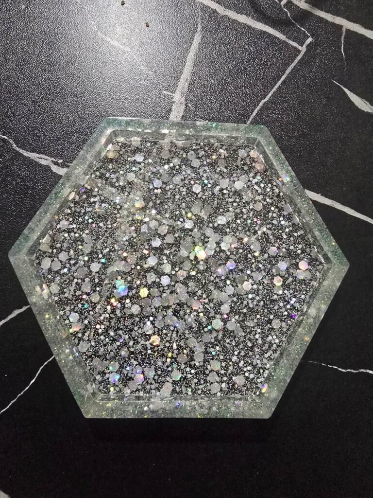 Handmade hexagon resin coaster with sparkling silver holographic glitter